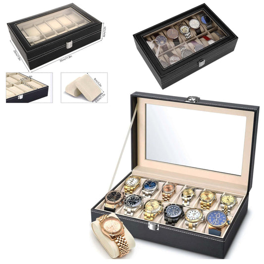 PU Leather Watch Box 6 Slots + 3 Glasses Storage Case With Transparent Cover "DT-HM1113-1"