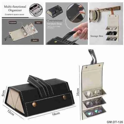 3 Slots Foldable PU Leather Sunglasses Case, Jewelry, Watch Organizer Box "dt-126"