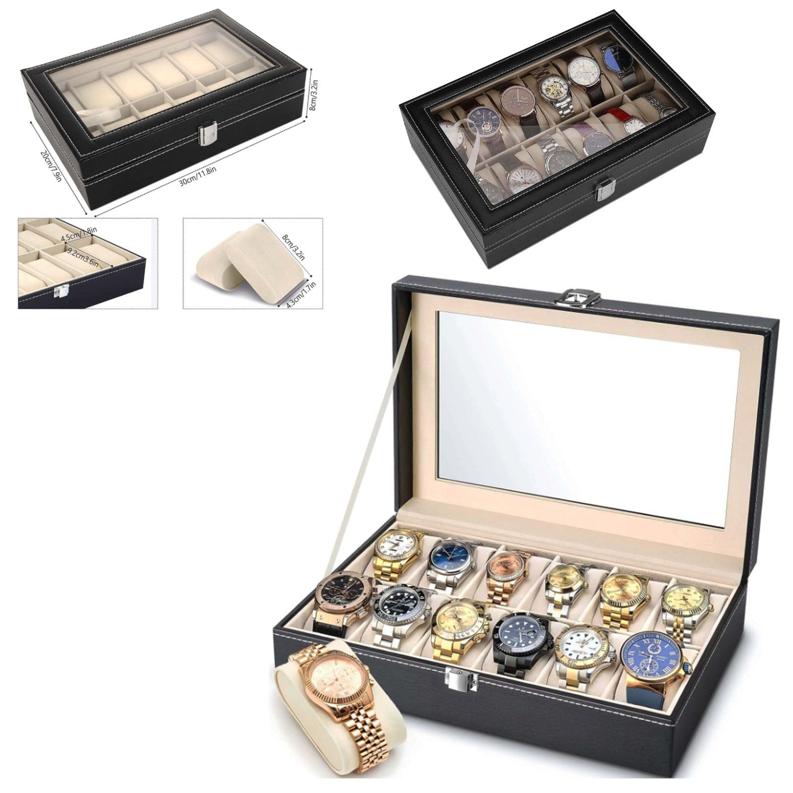 PU Leather Watch Box 6 Slots + 3 Glasses Storage Case With Transparent Cover "DT-HM1113-1"