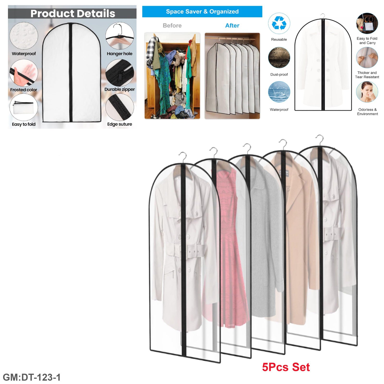Plastic Garment Bags for Hanging Clothes 5Pcs Set "dt-123"