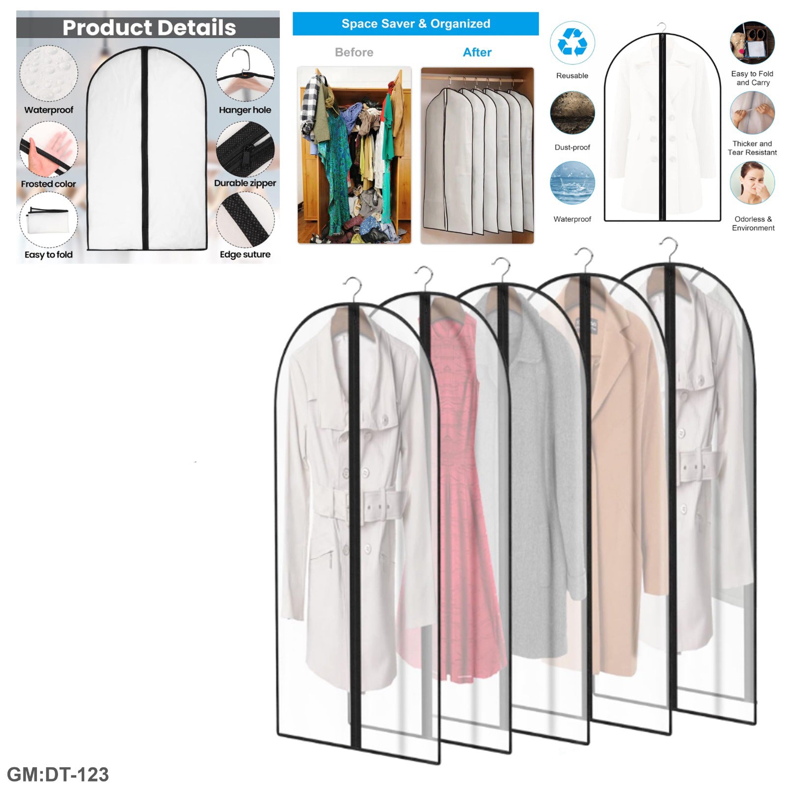 Plastic Garment Bags for Hanging Clothes 5Pcs Set "dt-123"