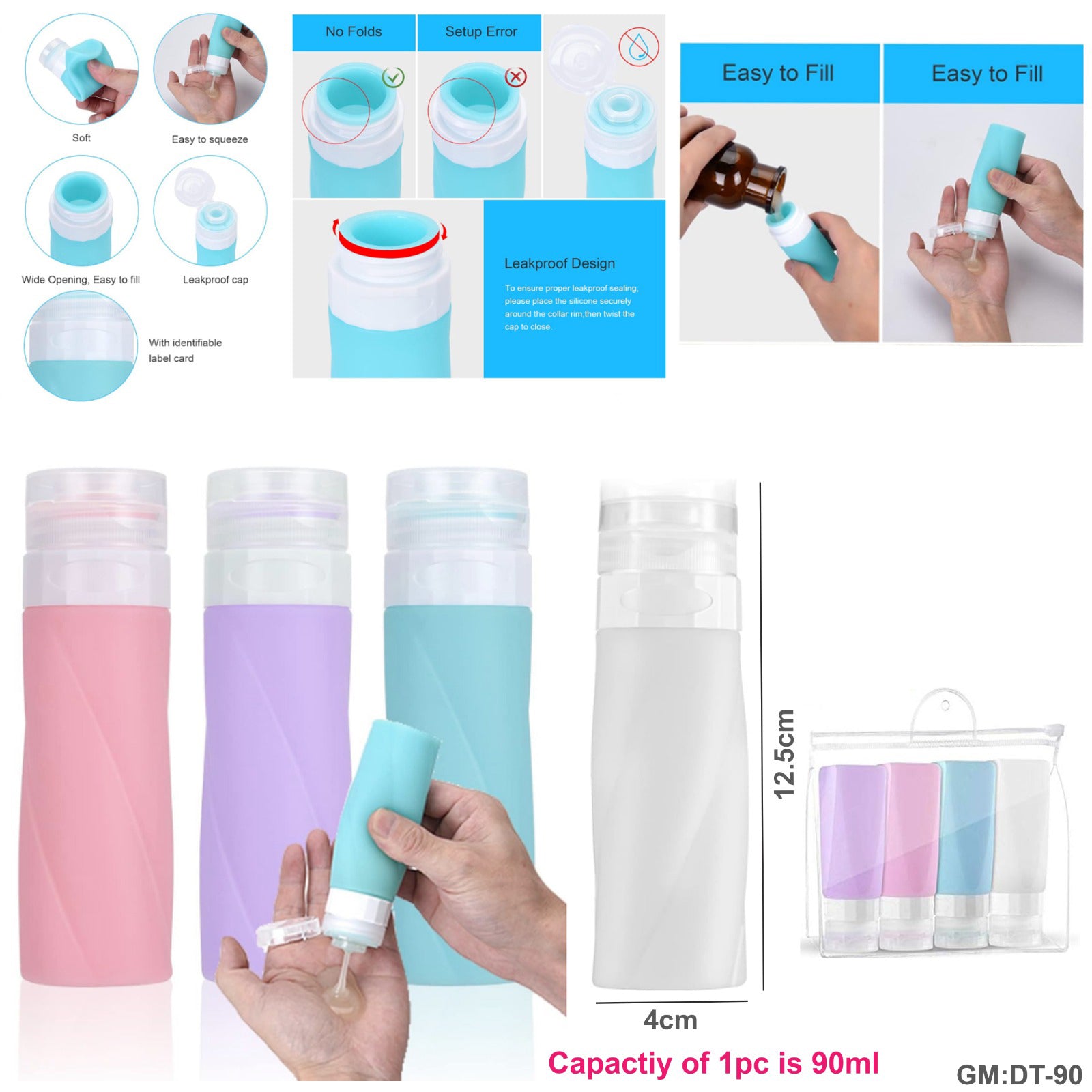 Silicone Travel Bottles for Toiletries 4Pcs Bottles BPA Free Leak Proof "dt-90"