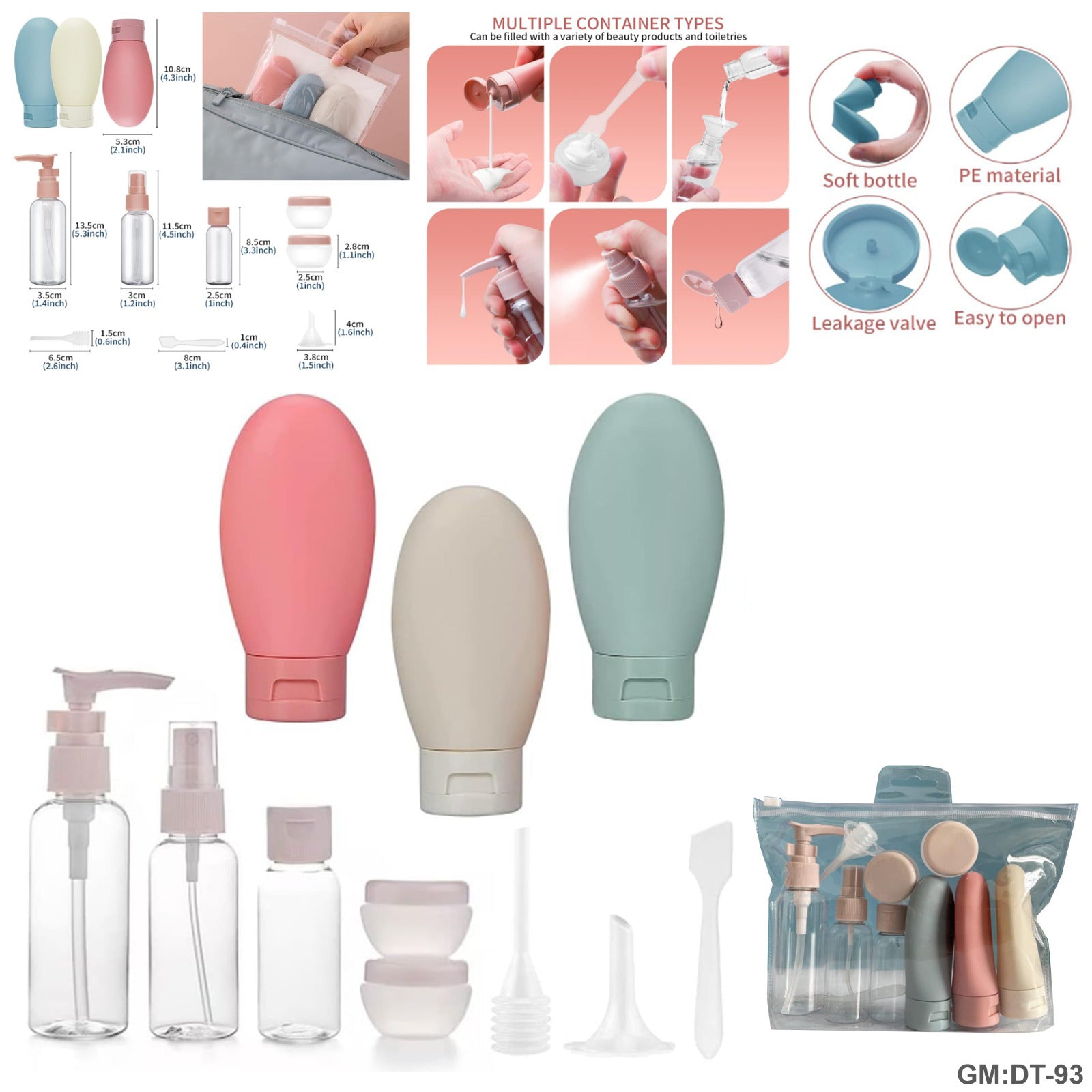 Silicone Travel Bottles for Toiletries 11Pcs BPA Free Leak Proof "dt-93"